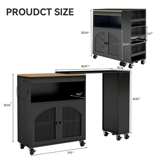 Rolling Kitchen Island with Power Outlet, LED Light & Glass Doors