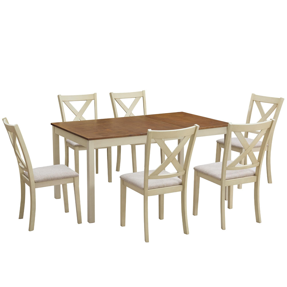 7-Piece Farmhouse Solid Wood Dining Table Set with 6 Upholstered Chairs