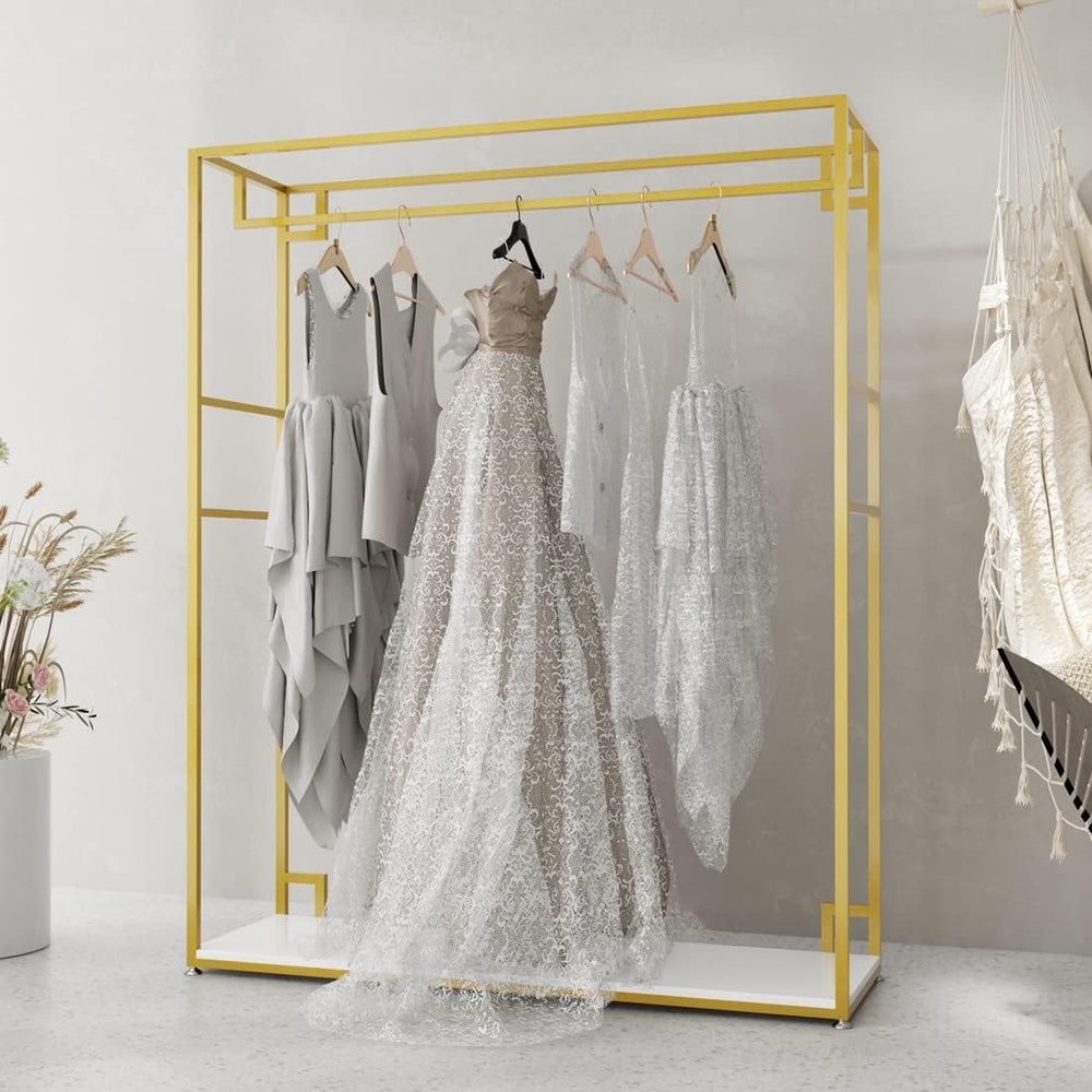 HOMEKAYT Gold Clothing Racks with Shelves, Weeding Dress Retail Clothes Rack,Freestanding Rack, Shoes Bags Clothes Organizer Garment Rack (59" L)