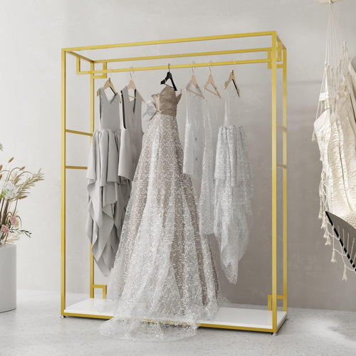 HOMEKAYT Gold Clothing Racks with Shelves, Weeding Dress Retail Clothes Rack,Freestanding Rack, Shoes Bags Clothes Organizer Garment Rack (59" L)