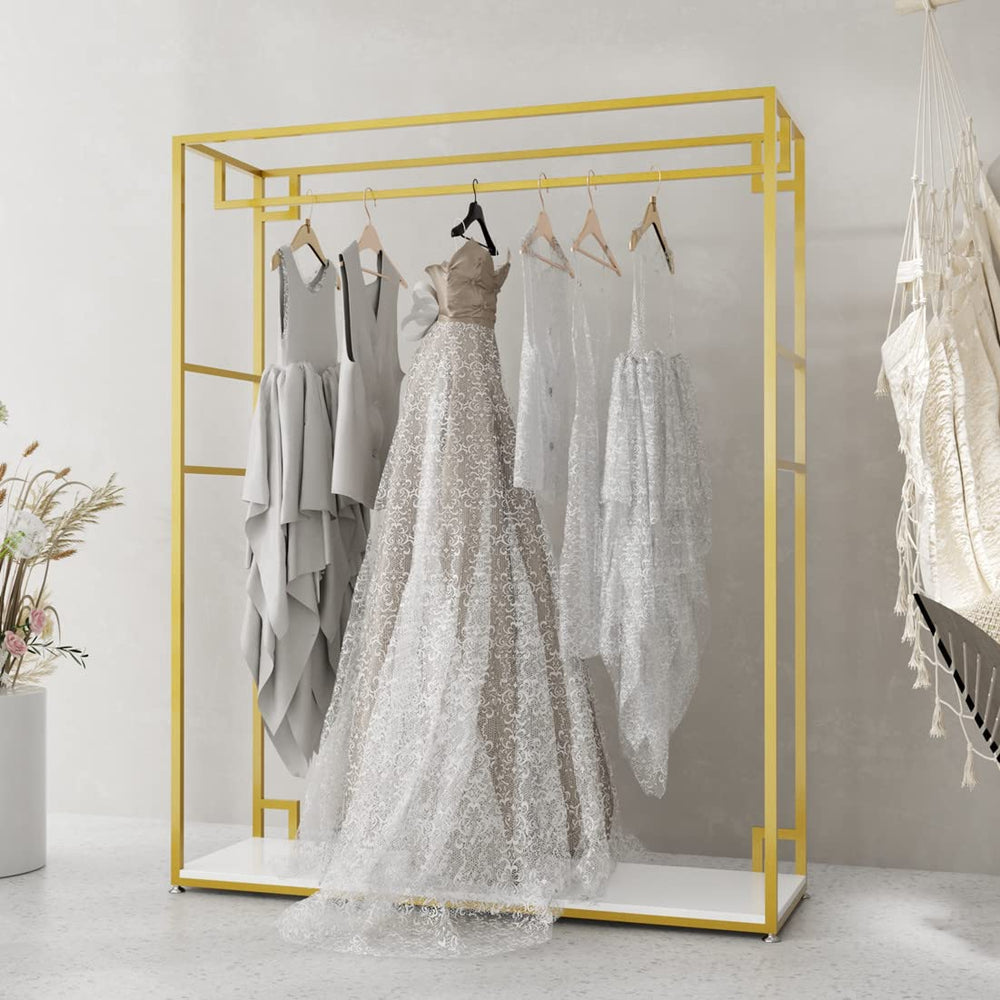 HOMEKAYT Gold Clothing Racks with Shelves, Weeding Dress Retail Clothes Rack,Freestanding Rack, Shoes Bags Clothes Organizer Garment Rack (59" L)