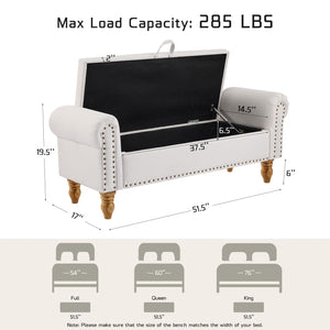Upholstered Storage Bench with Rolled Arms – 51.5"