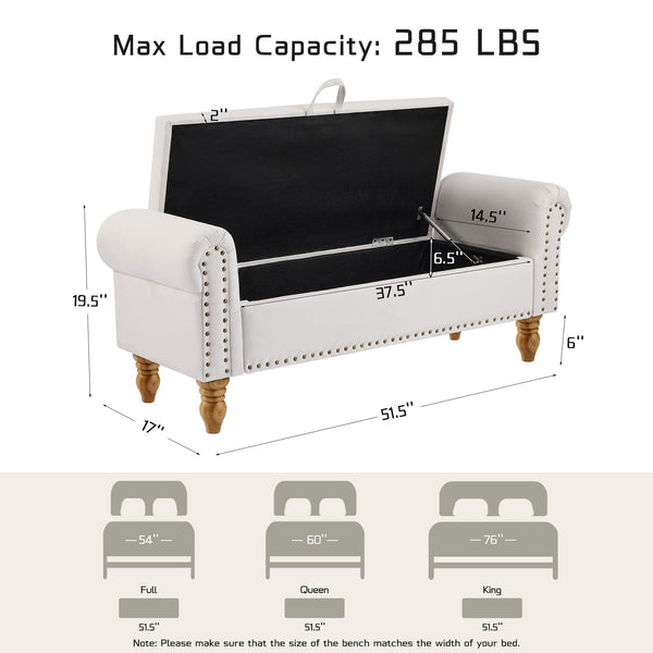 Upholstered Storage Bench with Rolled Arms – 51.5"