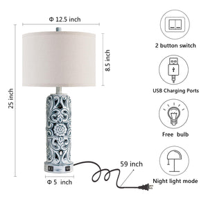 Coastal Vintage Table Lamp Set of 2 with USB Ports & Nightlight