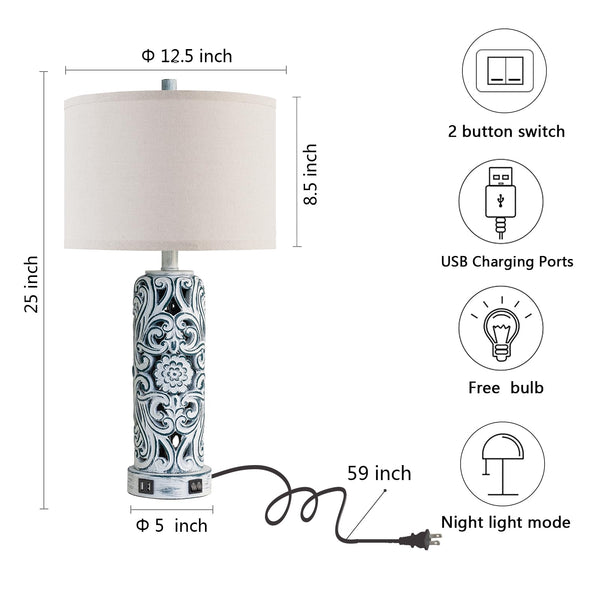 Coastal Vintage Table Lamp Set of 2 with USB Ports & Nightlight