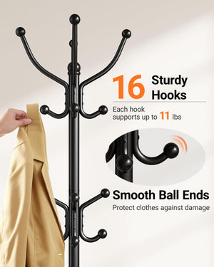 Freestanding Coat Rack with Marble Base & 16 Hooks