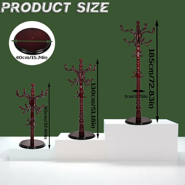Wooden Coat Rack Stand with 14 Hooks, Adjustable Height