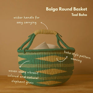 Round Wicker Storage Basket with Handle – Boho Elephant Grass Weave