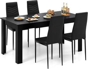 9-Piece Dining Table Set with 8 PVC Leather Chairs – Black