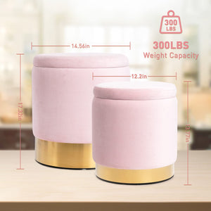 Round Velvet Storage Ottoman Set of 2 with Gold Base