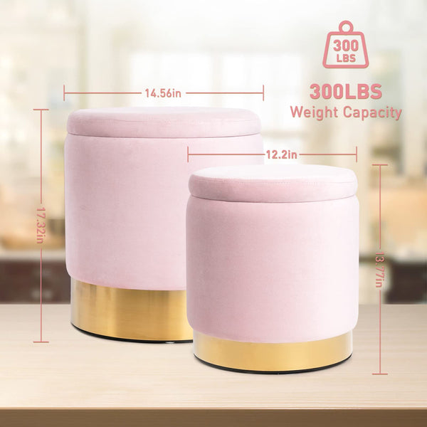 Round Velvet Storage Ottoman Set of 2 with Gold Base