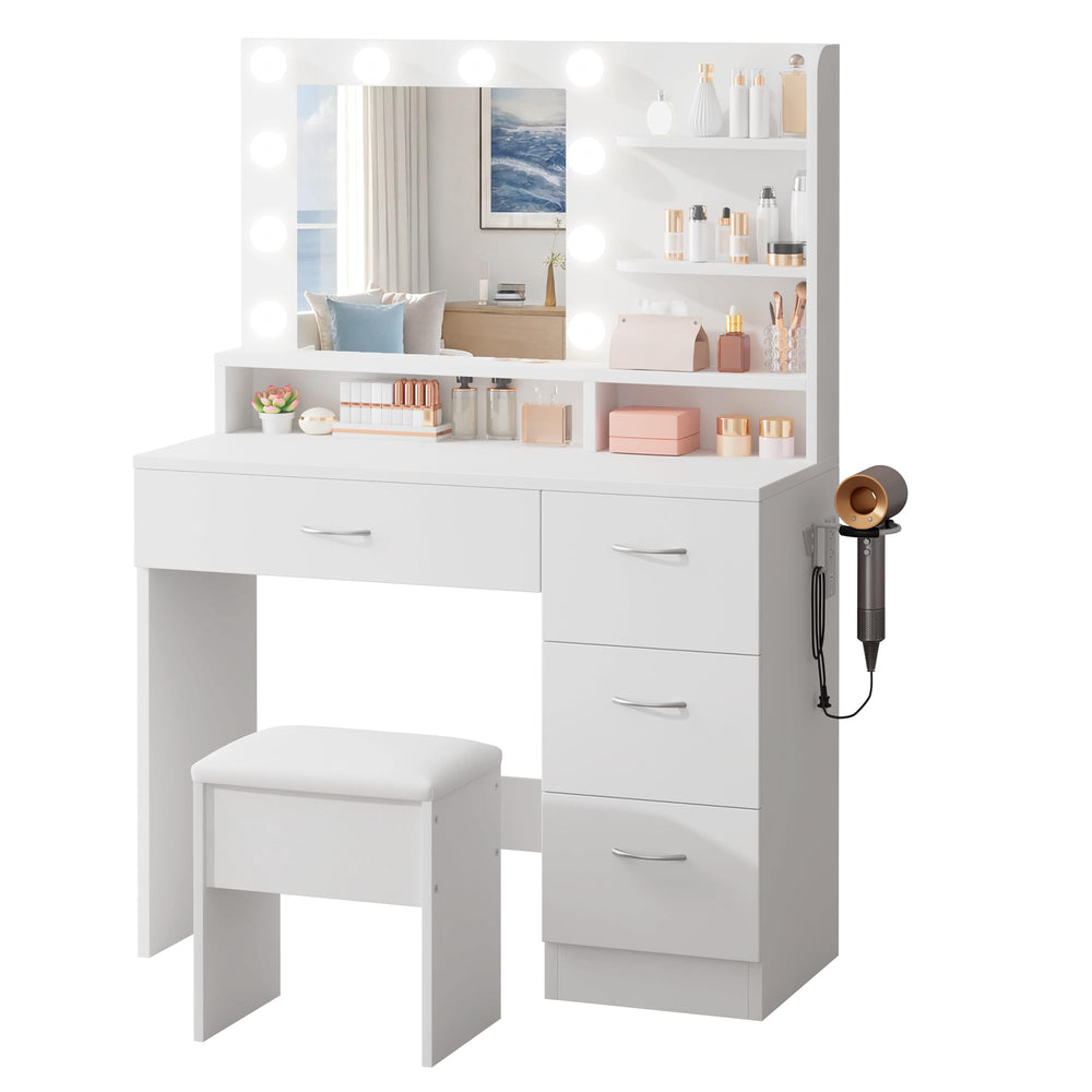 Makeup Vanity Table with HD Mirror, LED Bulbs, Drawers & Stool