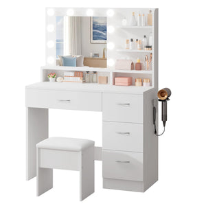 Makeup Vanity Table with HD Mirror, LED Bulbs, Drawers & Stool