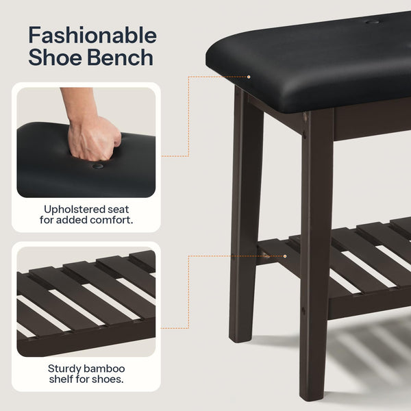 Bamboo Dining & Entryway Bench with PU Leather Seat