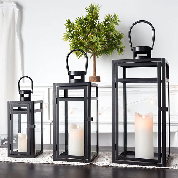 Metal Lantern Set of 3 – Assorted Sizes with Glass Panels