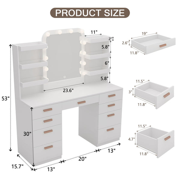 Makeup Vanity Table with LED Mirror, 9 Drawers & 6 Shelves