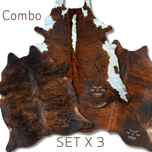 Premium Cowhide Rug Combo Set of 3 – 6x6 ft | Dark Brindle, Tricolor & Reddish