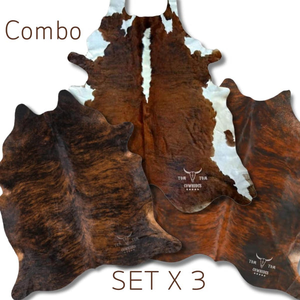 Premium Cowhide Rug Combo Set of 3 – 6x6 ft | Dark Brindle, Tricolor & Reddish