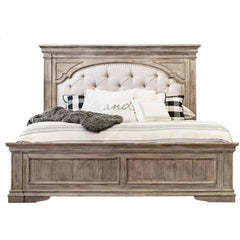 King Panel Bed – Upholstered Headboard, Distressed Driftwood Finish