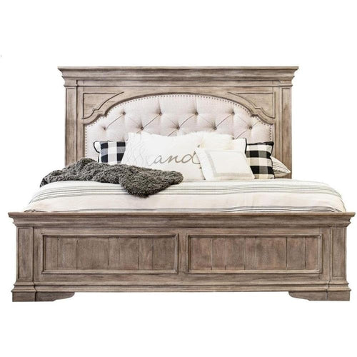 King Panel Bed – Upholstered Headboard, Distressed Driftwood Finish