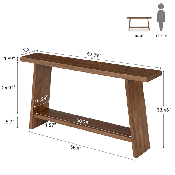 62.99" Solid Wood Console Table with 2-Tier Storage Shelf