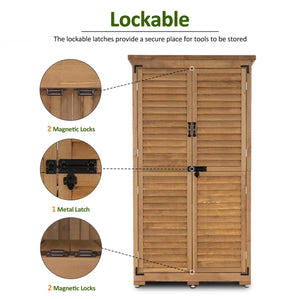 Outdoor Wood Storage Cabinet with Lockable Doors – 63 Inch Vertical Garden Shed