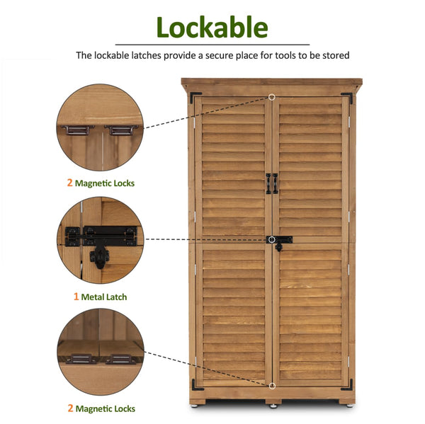 Outdoor Wood Storage Cabinet with Lockable Doors – 63 Inch Vertical Garden Shed