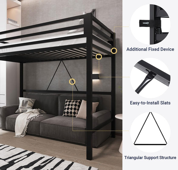 Twin Metal Loft Bed with Guardrail & Ladder