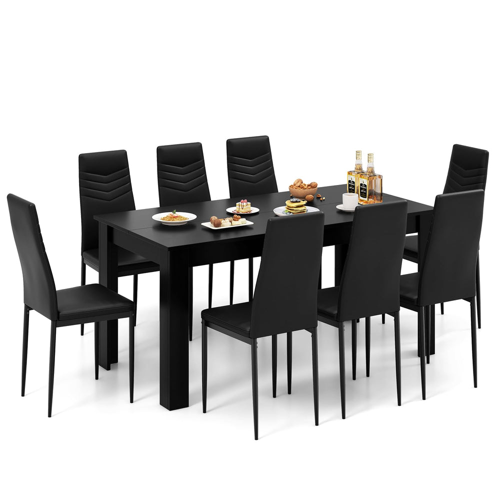 9-Piece Dining Table Set with 8 PVC Leather Chairs – Black