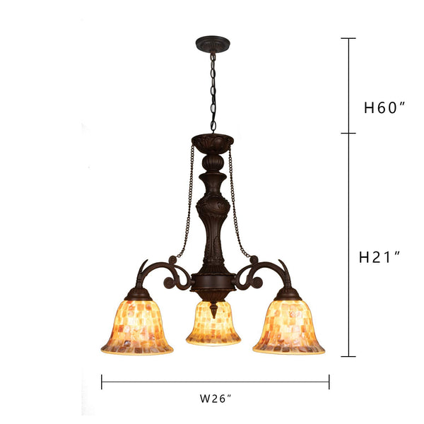 3-Light Tiffany Shell Mosaic Chandelier – Natural Shell & Glass Pendant Light
