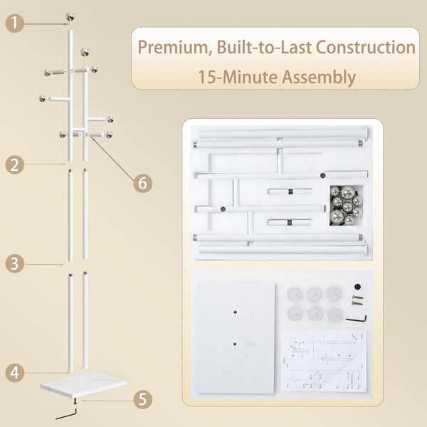Freestanding Coat Rack with Marble Base & 14 Hooks