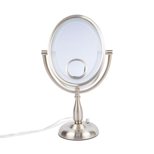Oval LED Lighted Makeup Mirror with 10X, 1X & 15X Magnification – Nickel Finish