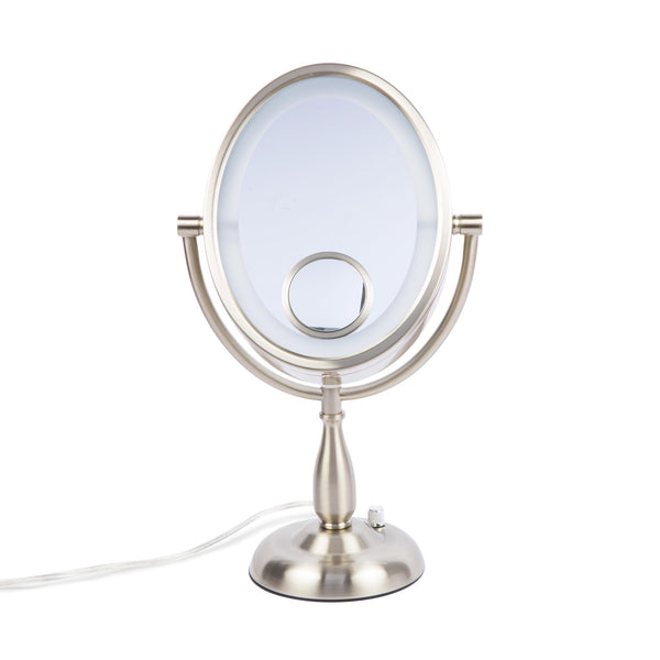 Oval LED Lighted Makeup Mirror with 10X, 1X & 15X Magnification – Nickel Finish