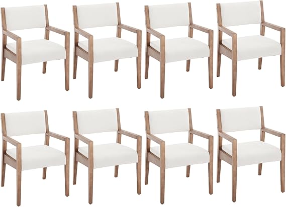 Upholstered Dining Chairs with Arms – Beige Linen & Natural Wood