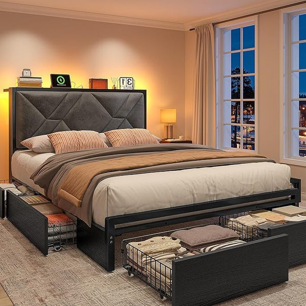 Queen Bed Frame with Storage Drawers, LED Lights & Charging Station