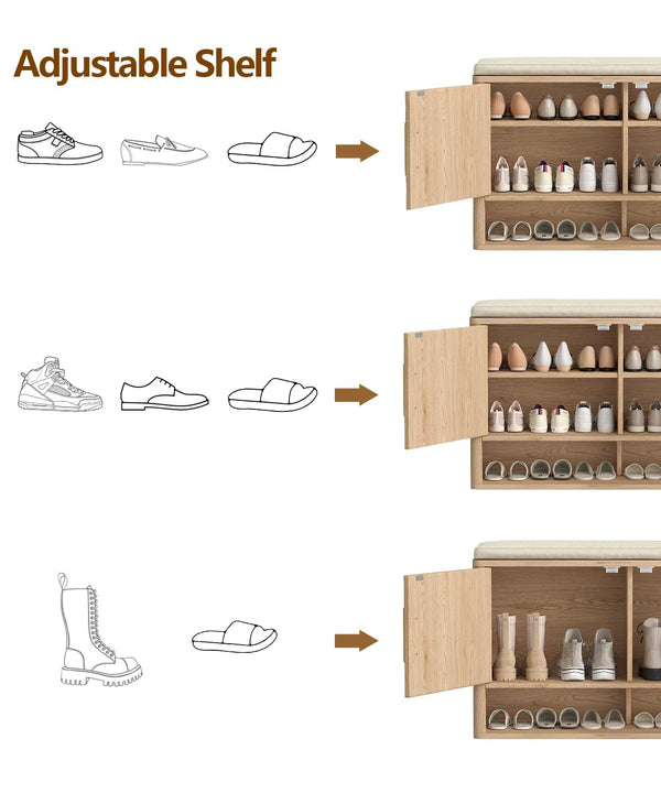 Fluted Shoe Storage Bench with Cushion — Natural Oak