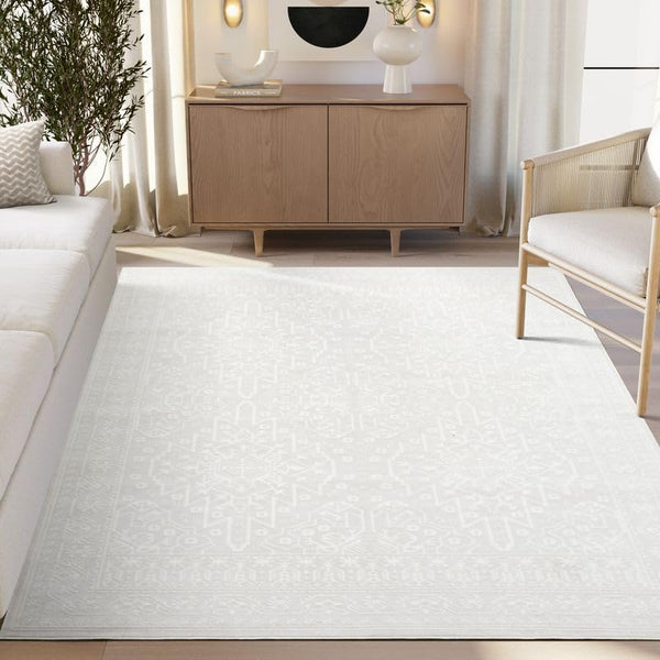 Cream Area Rug – Washable Vintage Geometric Design