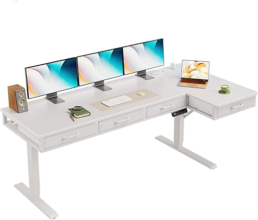 L-Shaped Electric Standing Desk with Drawers & Power Outlets