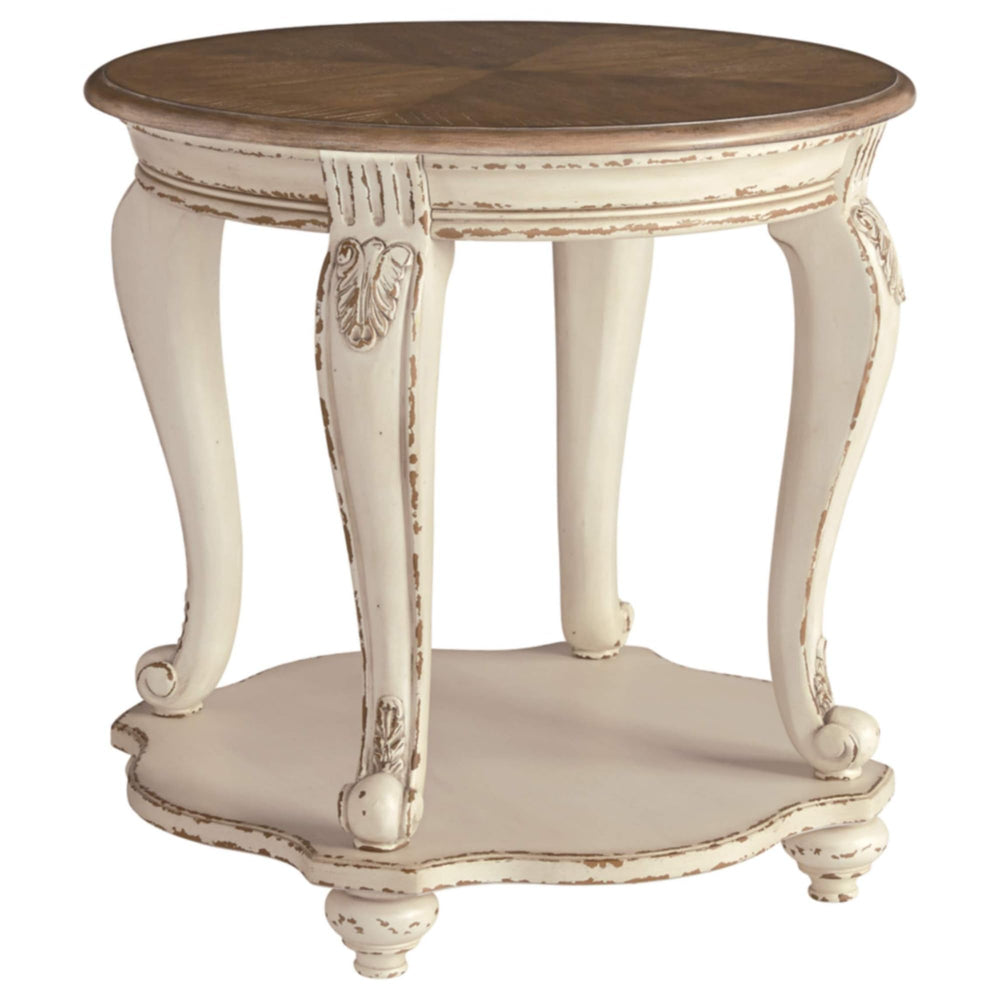 Round End Table – Cottage Style Side Table with Lower Shelf