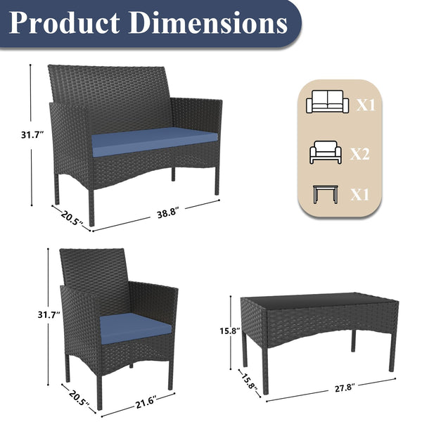 4-Piece Outdoor Rattan Patio Conversation Set with Cushions & Glass Table