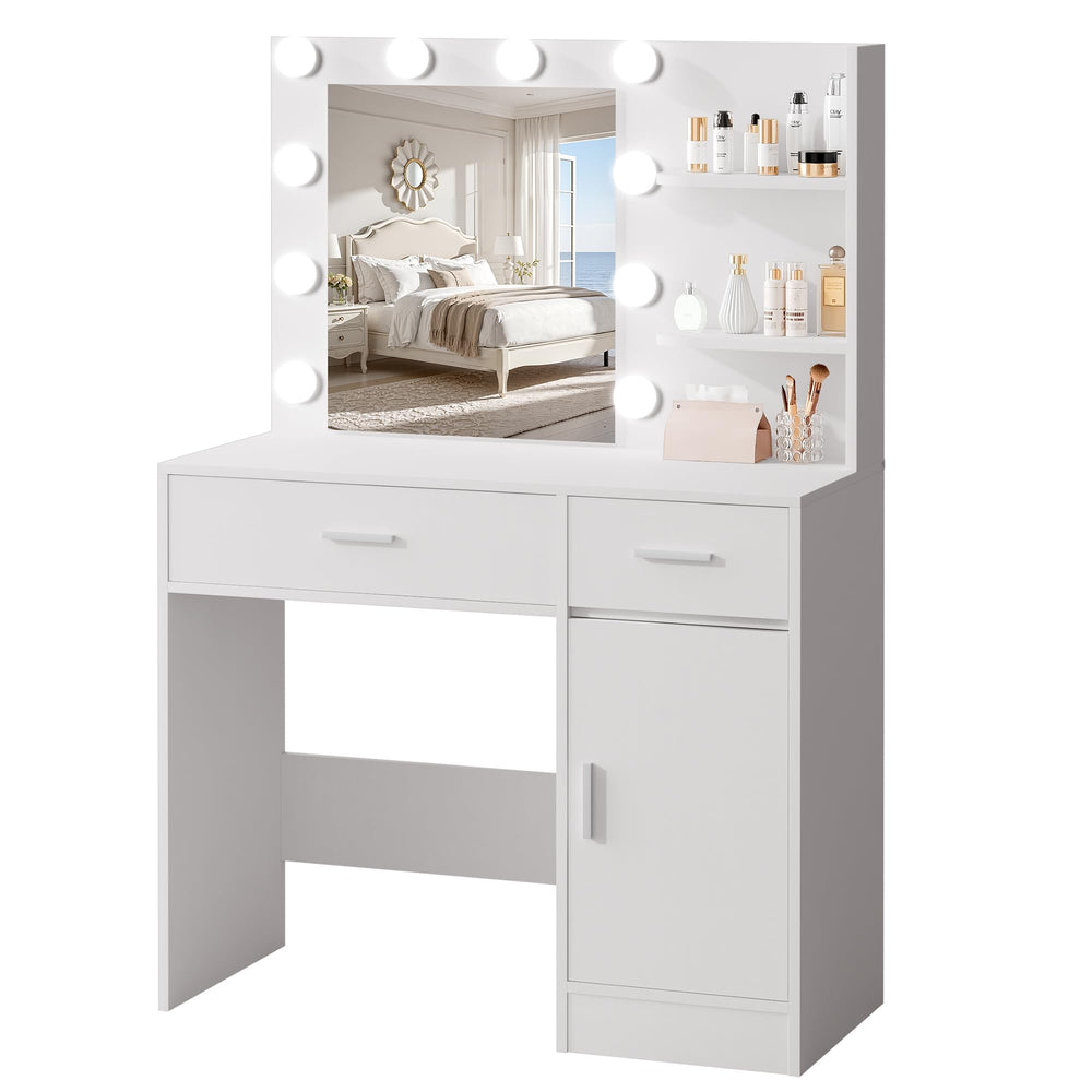 Lighted Makeup Vanity Desk with Mirror, Drawers & Storage Cabinet – White