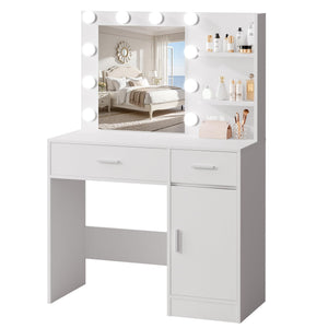 Lighted Makeup Vanity Desk with Mirror, Drawers & Storage Cabinet – White