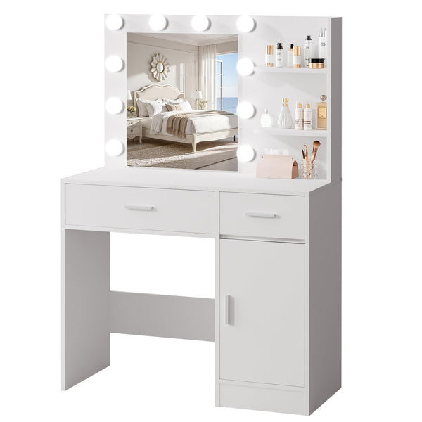 Lighted Makeup Vanity Desk with Mirror, Drawers & Storage Cabinet – White