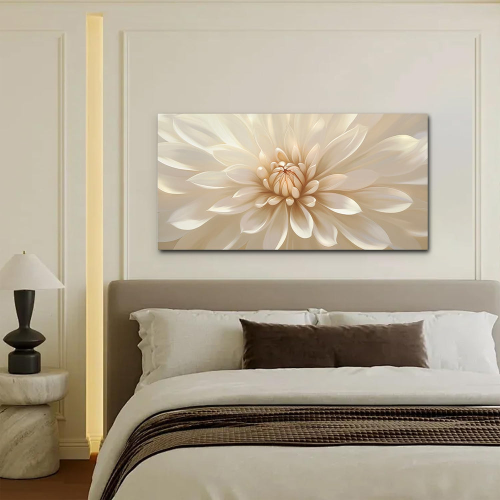 Large Floral Canvas Wall Art – White Gold Botanical Print