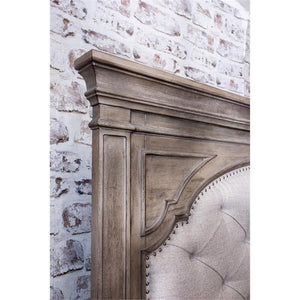 King Panel Bed – Upholstered Headboard, Distressed Driftwood Finish
