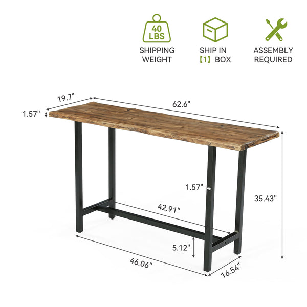 Solid Wood Bar Table with Metal Footrest – 63 Inch Counter Height Dining Table