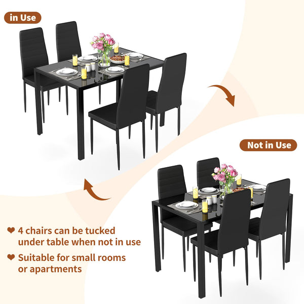5-Piece Glass Dining Table Set with 4 Upholstered Faux Leather Chairs