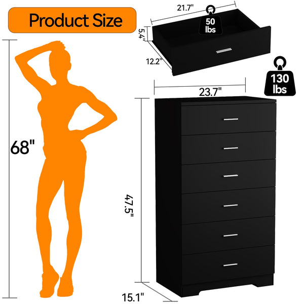 6-Drawer Tall Dresser with Charging Station & Metal Handles