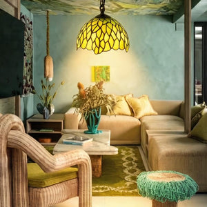 Tiffany Style Green Stained Glass Pendant Light – 8" Vintage Handcrafted Hanging Lamp