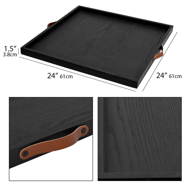 24x24 Square Wood Ottoman Tray with Leather Handles